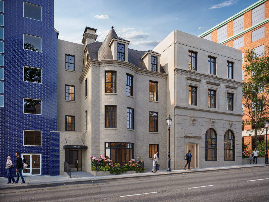 Exterior of 22 Elm at golden hour